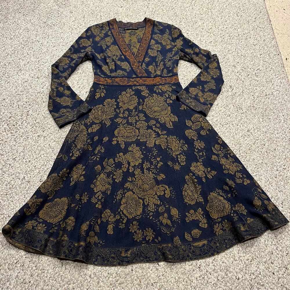 Peruvian Connection Floral V Neck Sweater Dress S Dark Boho Casual Artsy